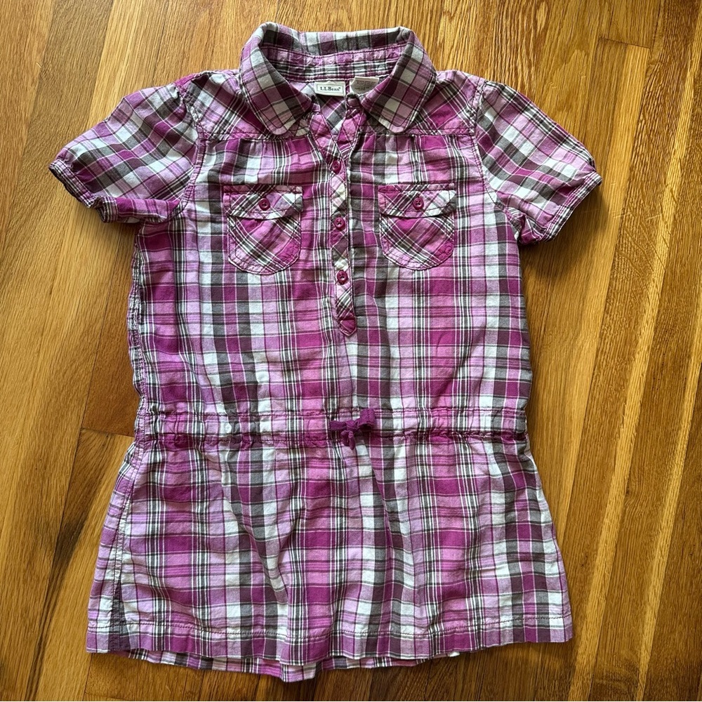 L.L. Bean Girls 10-12 Plaid Cotton Button-Up Shirt Brown Purple w/ Drawcord
